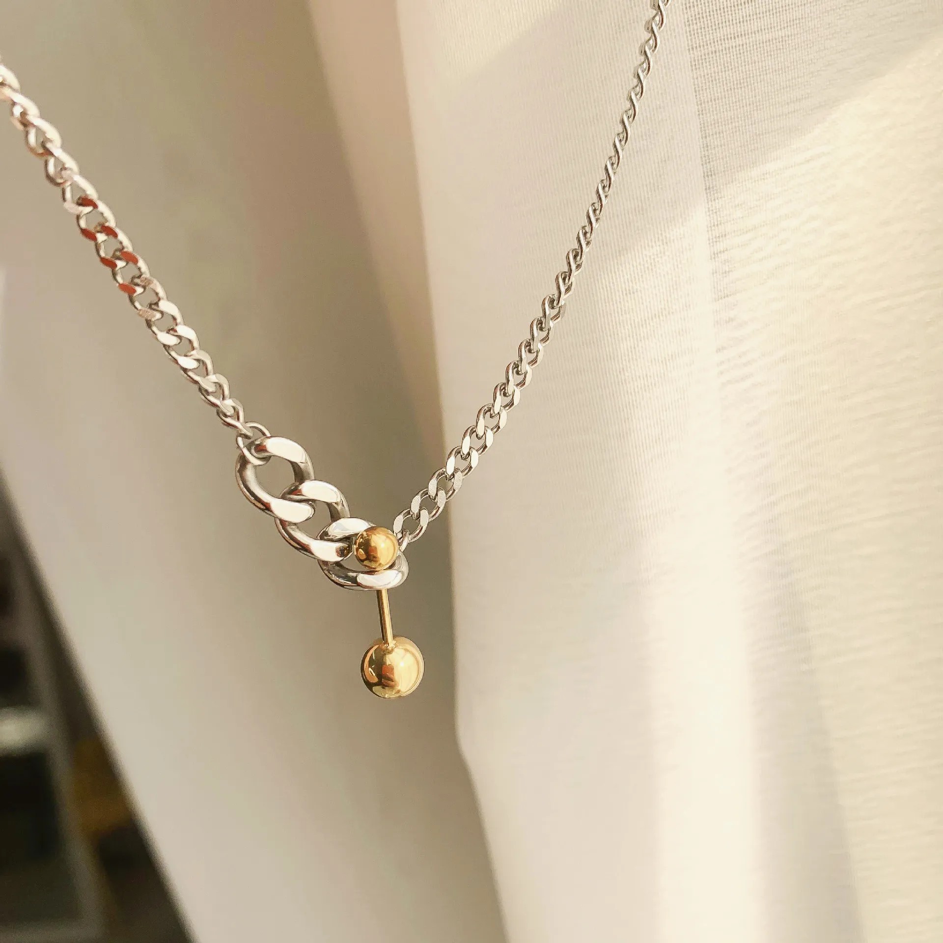 Punk Ball Titanium Steel Plating 18K Gold Plated Necklace_colorza_1