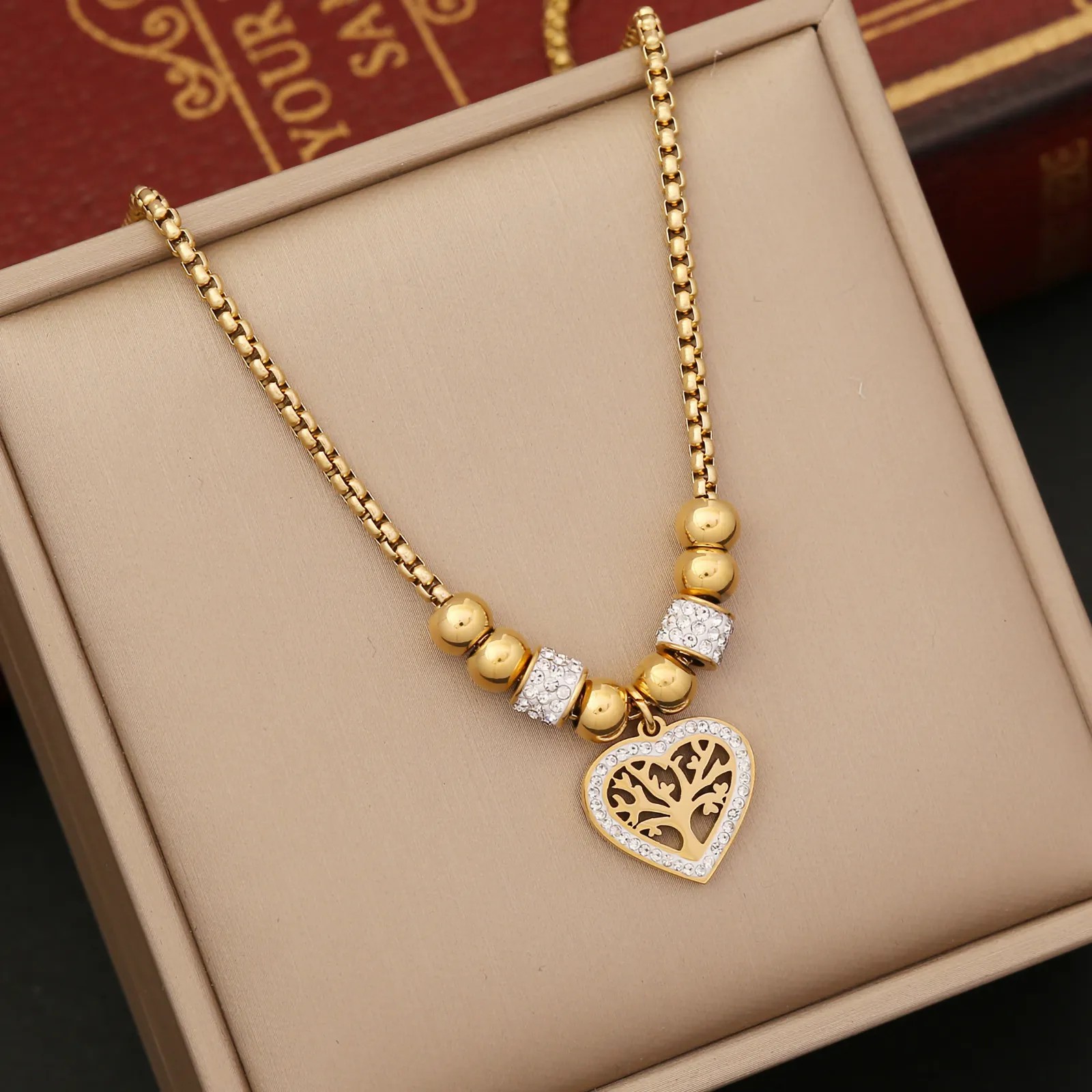 Casual Vintage Style Tree Heart Shape Titanium Steel Plating Hollow Out Inlay Zircon 18K Gold Plated Pendant Necklace_colorza_2