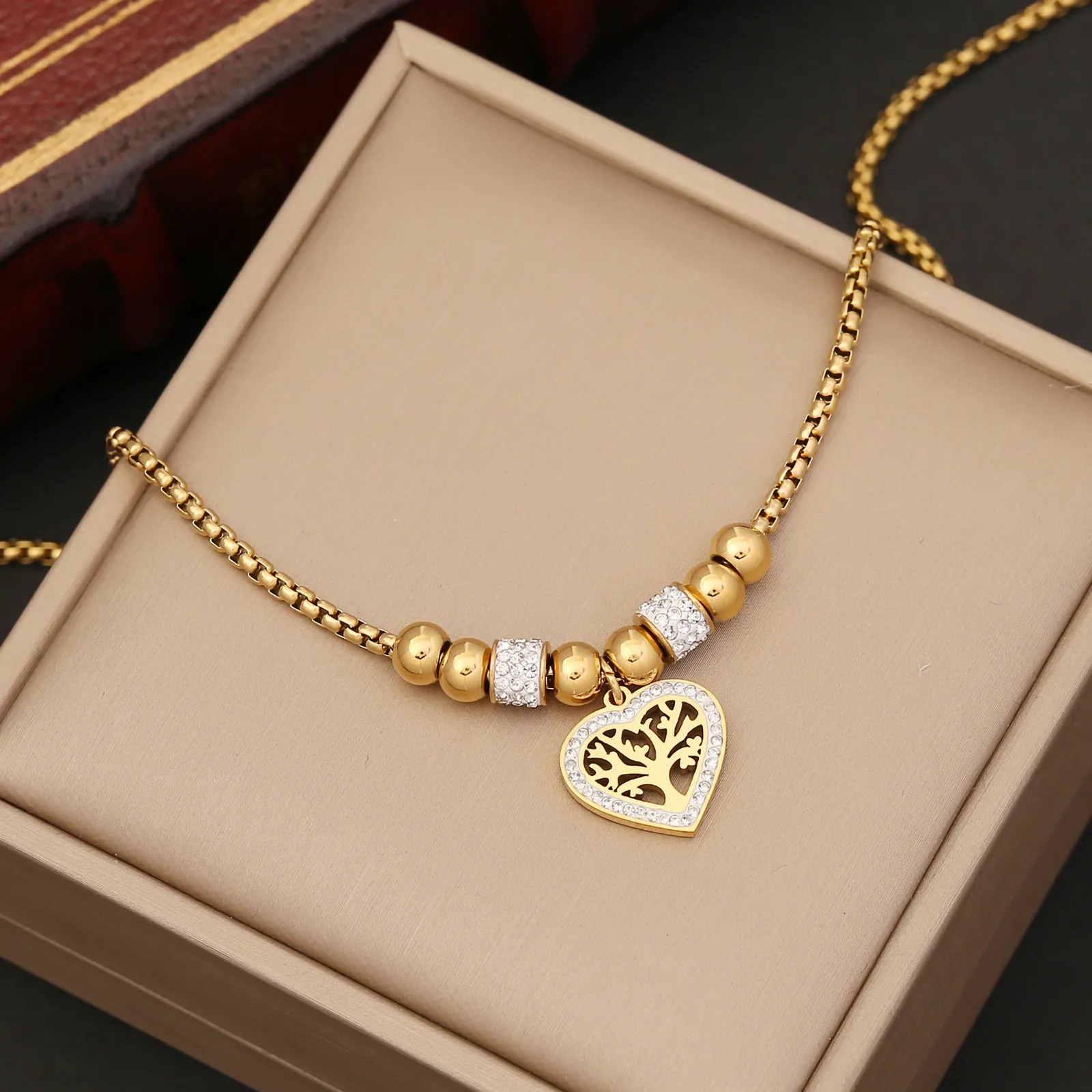 Casual Vintage Style Tree Heart Shape Titanium Steel Plating Hollow Out Inlay Zircon 18K Gold Plated Pendant Necklace_colorza_5