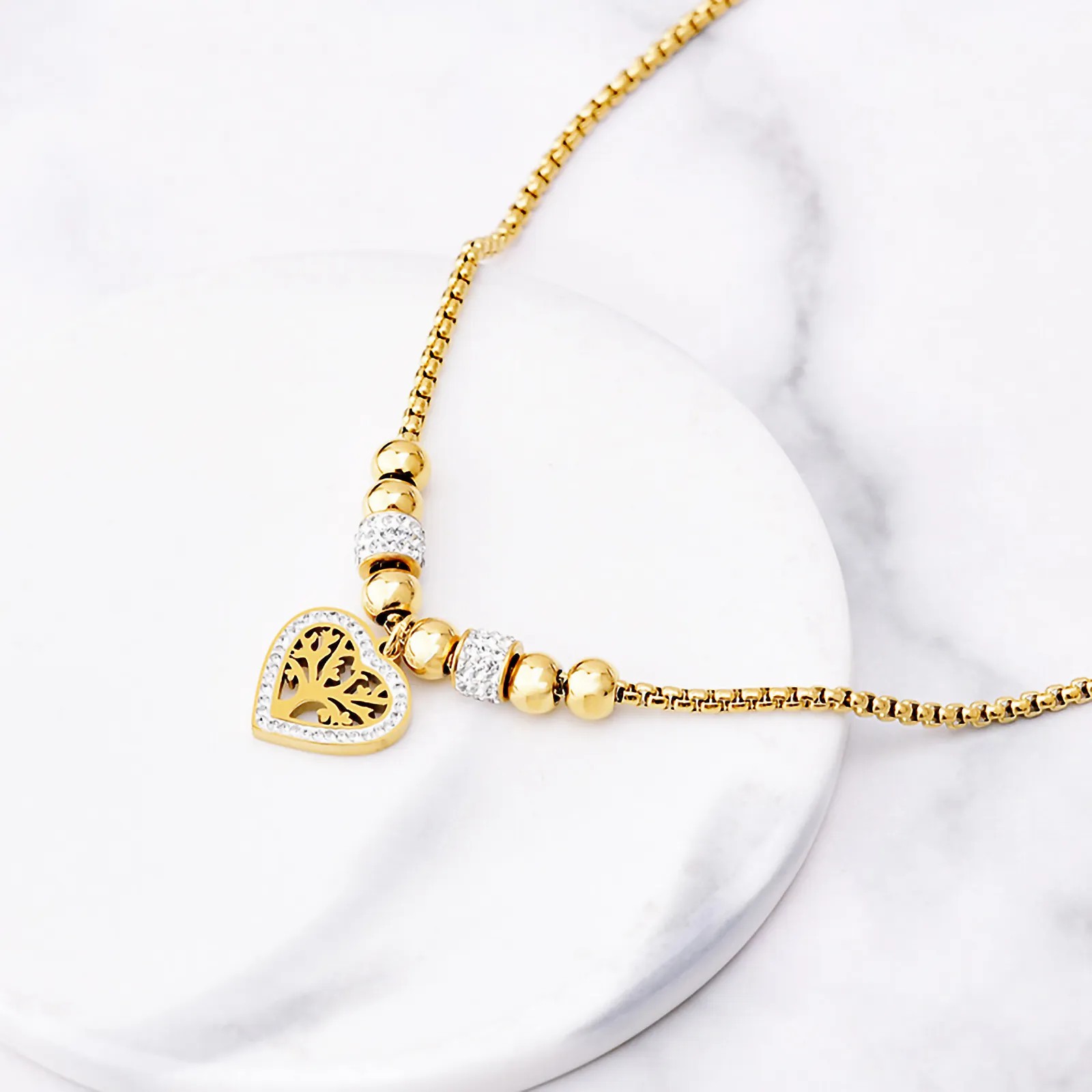 Casual Vintage Style Tree Heart Shape Titanium Steel Plating Hollow Out Inlay Zircon 18K Gold Plated Pendant Necklace_colorza_7