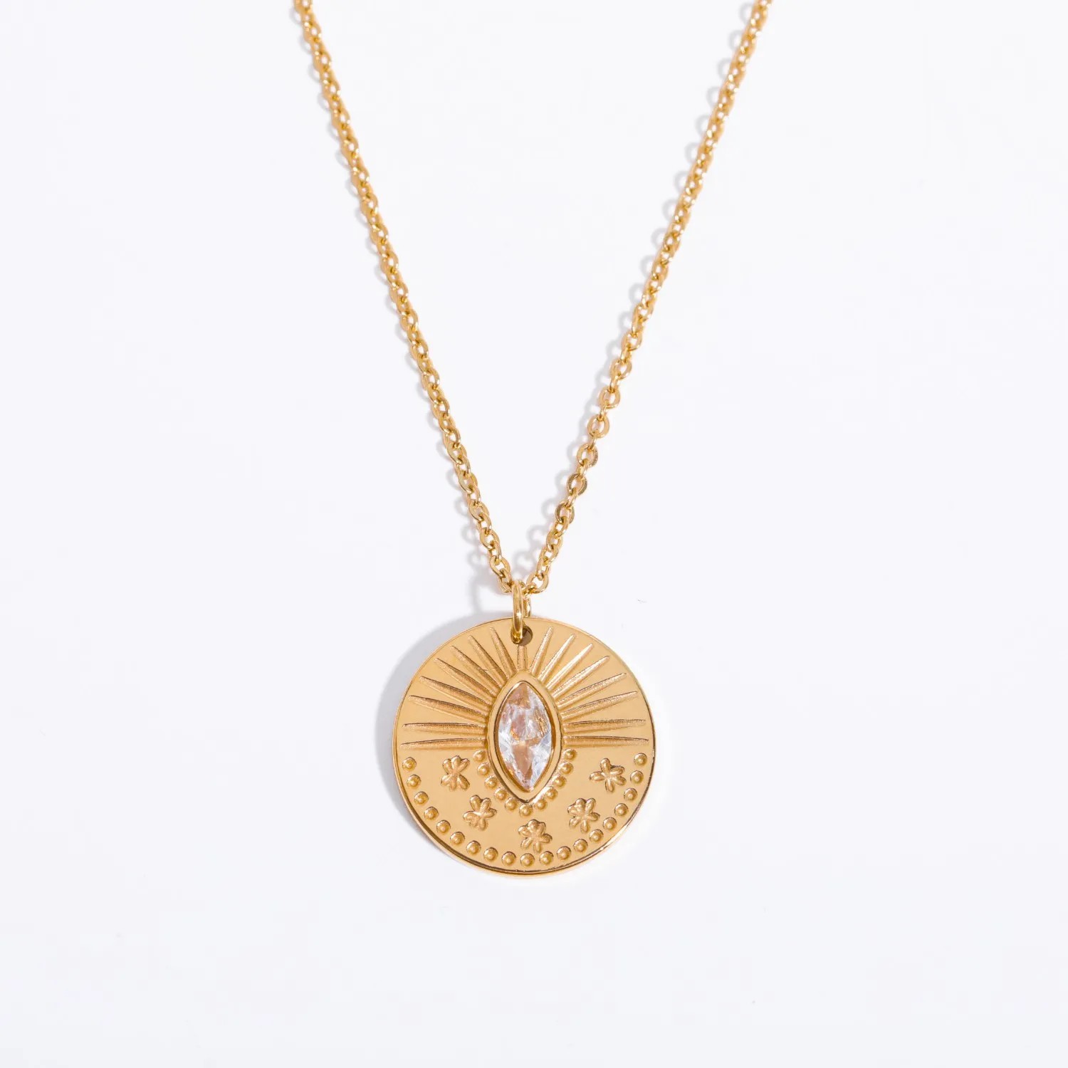 Vintage Style Commute Sun Stainless Steel Plating Inlay Carving Zircon 18K Gold Plated Pendant Necklace_colorza_5