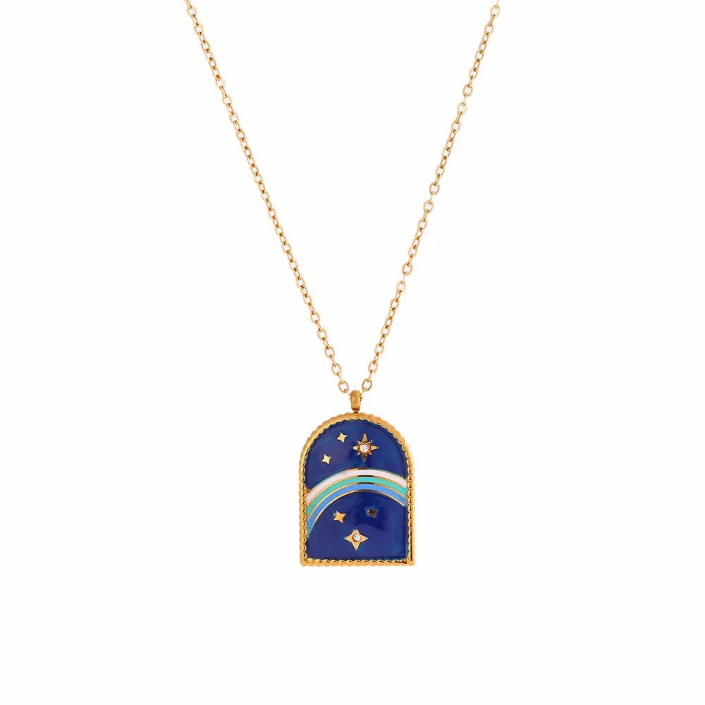 Vintage Style Commute Sun Star Stainless Steel Enamel Plating 18K Gold Plated Pendant Necklace_colorza_1