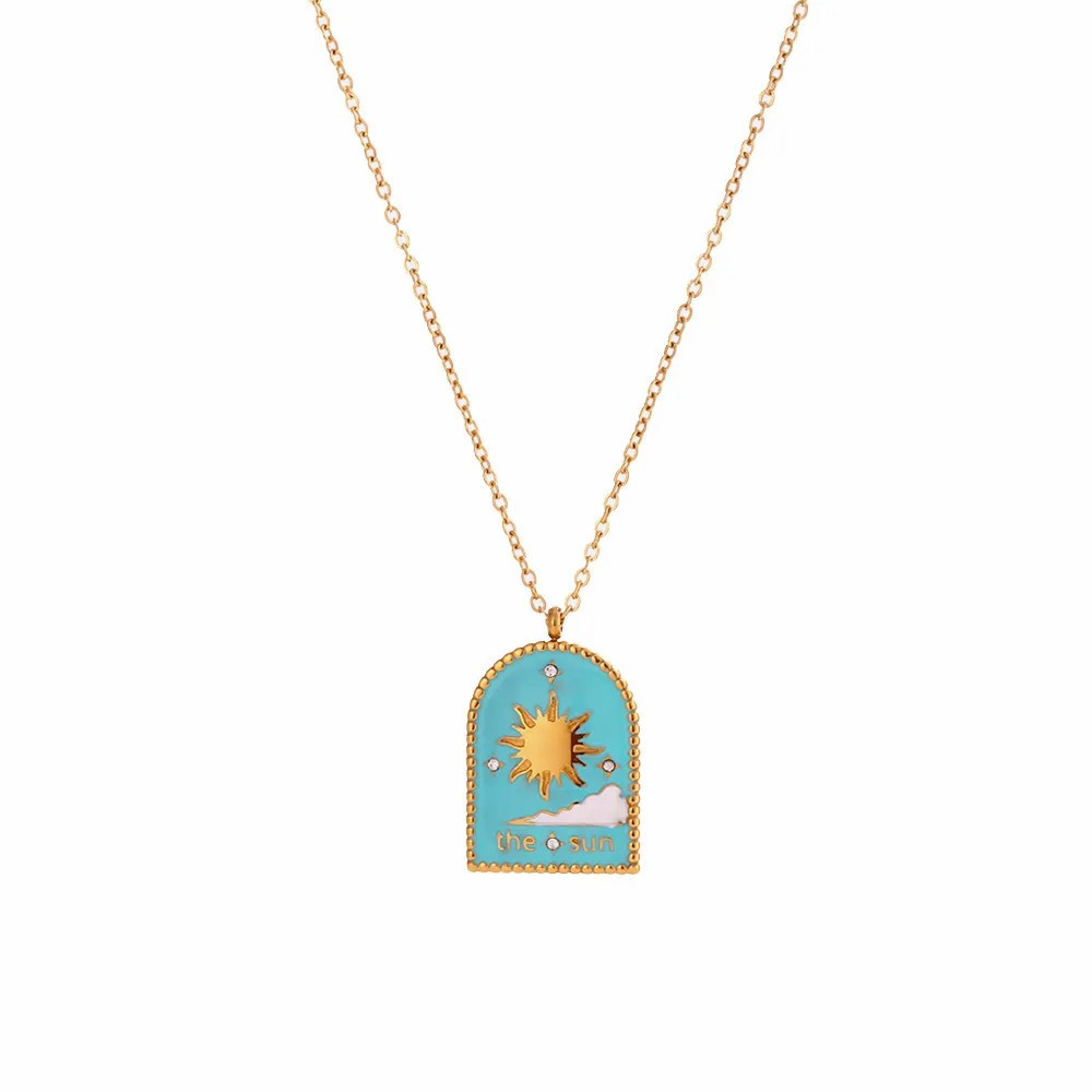 Vintage Style Commute Sun Star Stainless Steel Enamel Plating 18K Gold Plated Pendant Necklace_colorza_2
