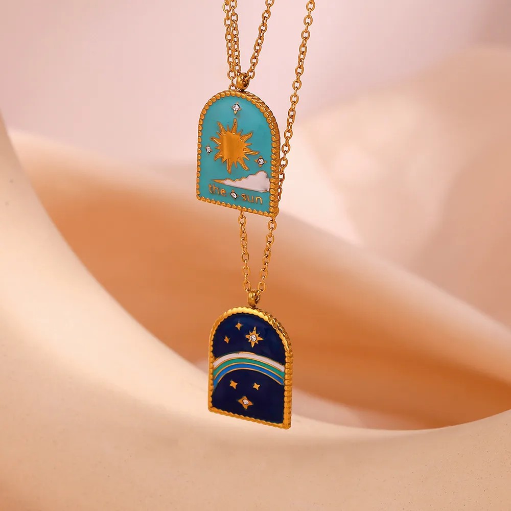 Vintage Style Commute Sun Star Stainless Steel Enamel Plating 18K Gold Plated Pendant Necklace_colorza_6