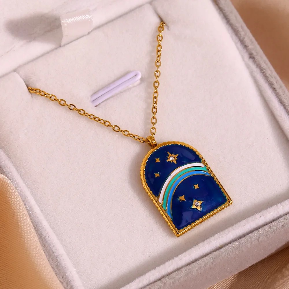 Vintage Style Commute Sun Star Stainless Steel Enamel Plating 18K Gold Plated Pendant Necklace_colorza_7