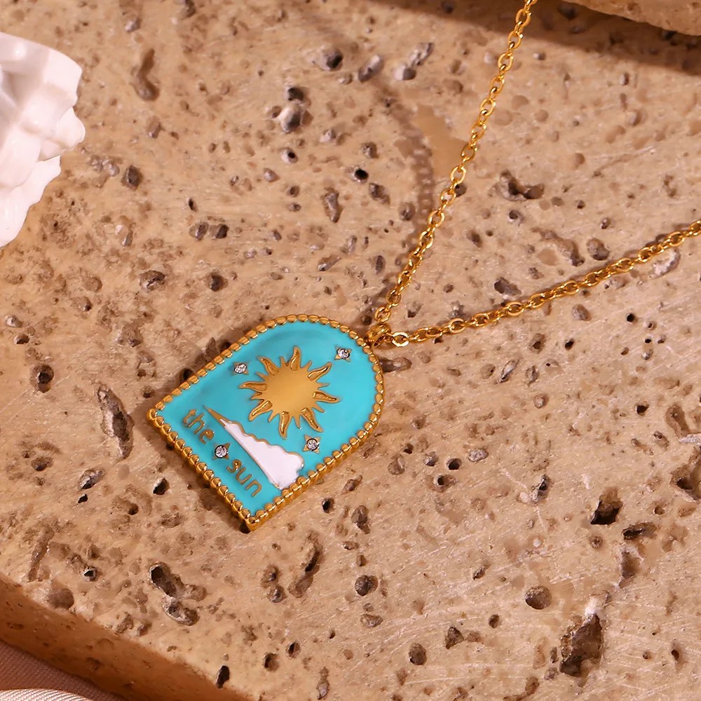 Vintage Style Commute Sun Star Stainless Steel Enamel Plating 18K Gold Plated Pendant Necklace_colorza_8