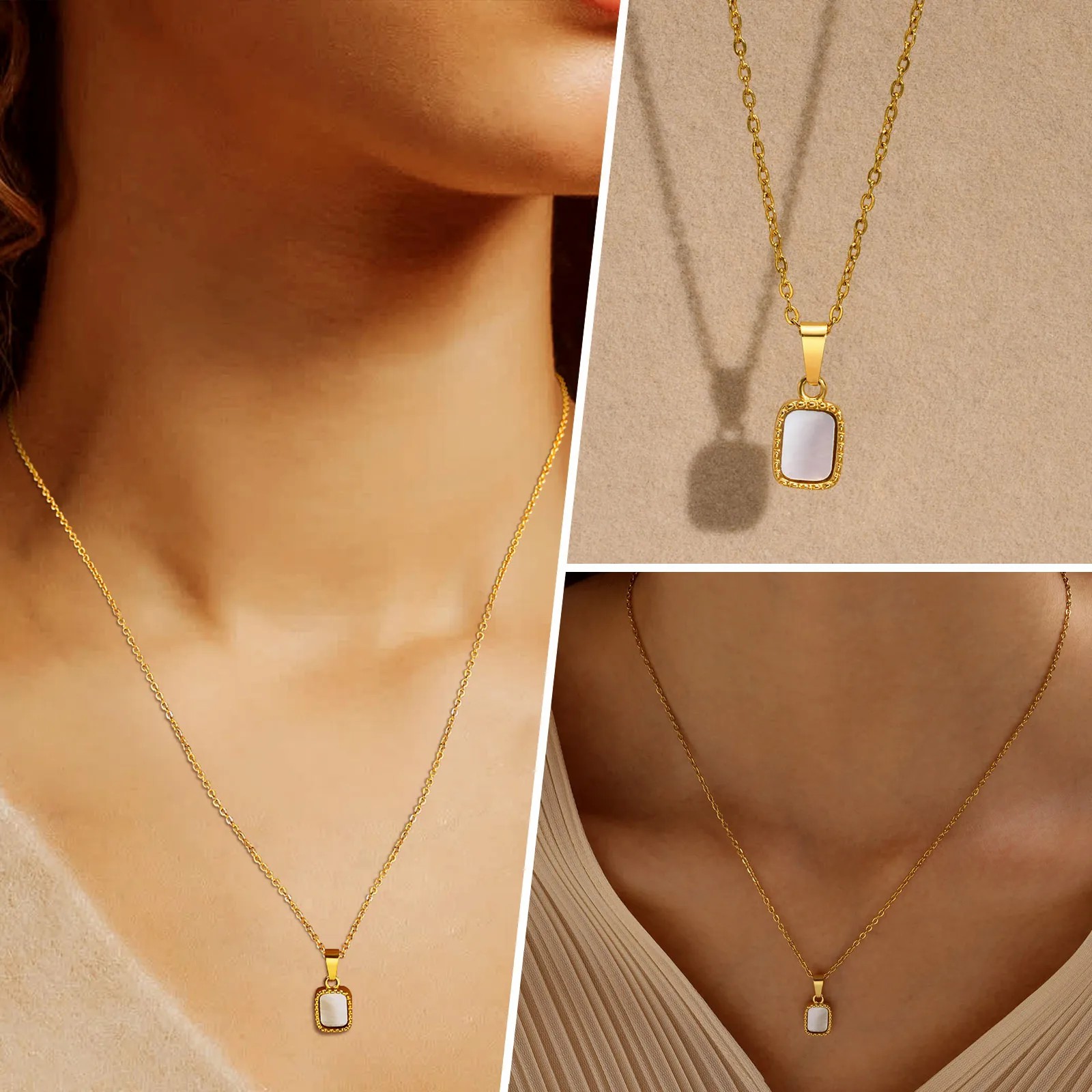 IG Style Vacation Simple Style Solid Color Stainless Steel Plating Agate Shell 18K Gold Plated Pendant Necklace_colorza_5