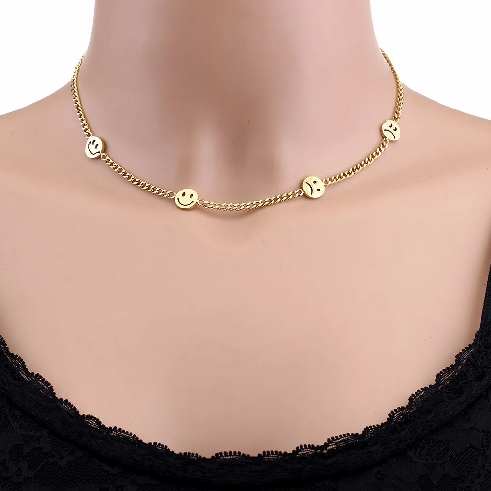 Hip-Hop Punk Smiley Face Grimace Titanium Steel Plating 18K Gold Plated Choker_colorza_3