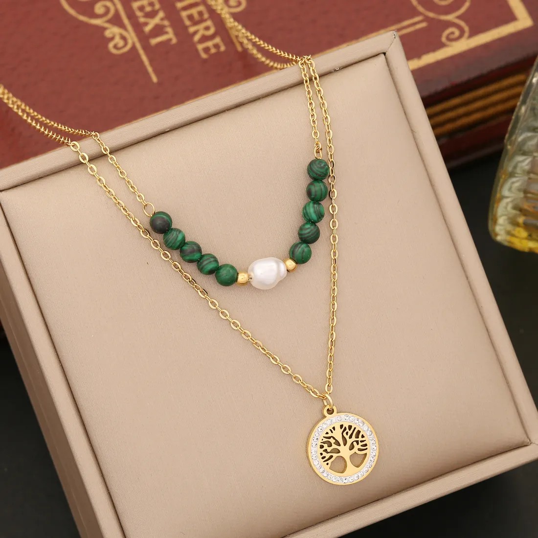 Retro Tree Heart Shape Eye Stainless Steel Malachite Inlay Artificial Diamond Pearl Layered Necklaces_colorza_2
