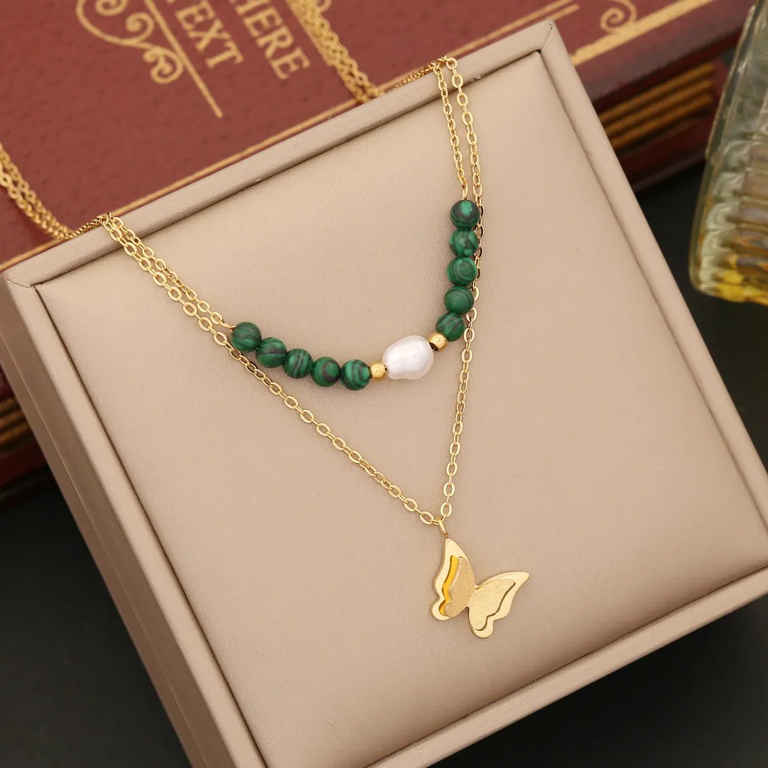 Retro Tree Heart Shape Eye Stainless Steel Malachite Inlay Artificial Diamond Pearl Layered Necklaces_colorza_3