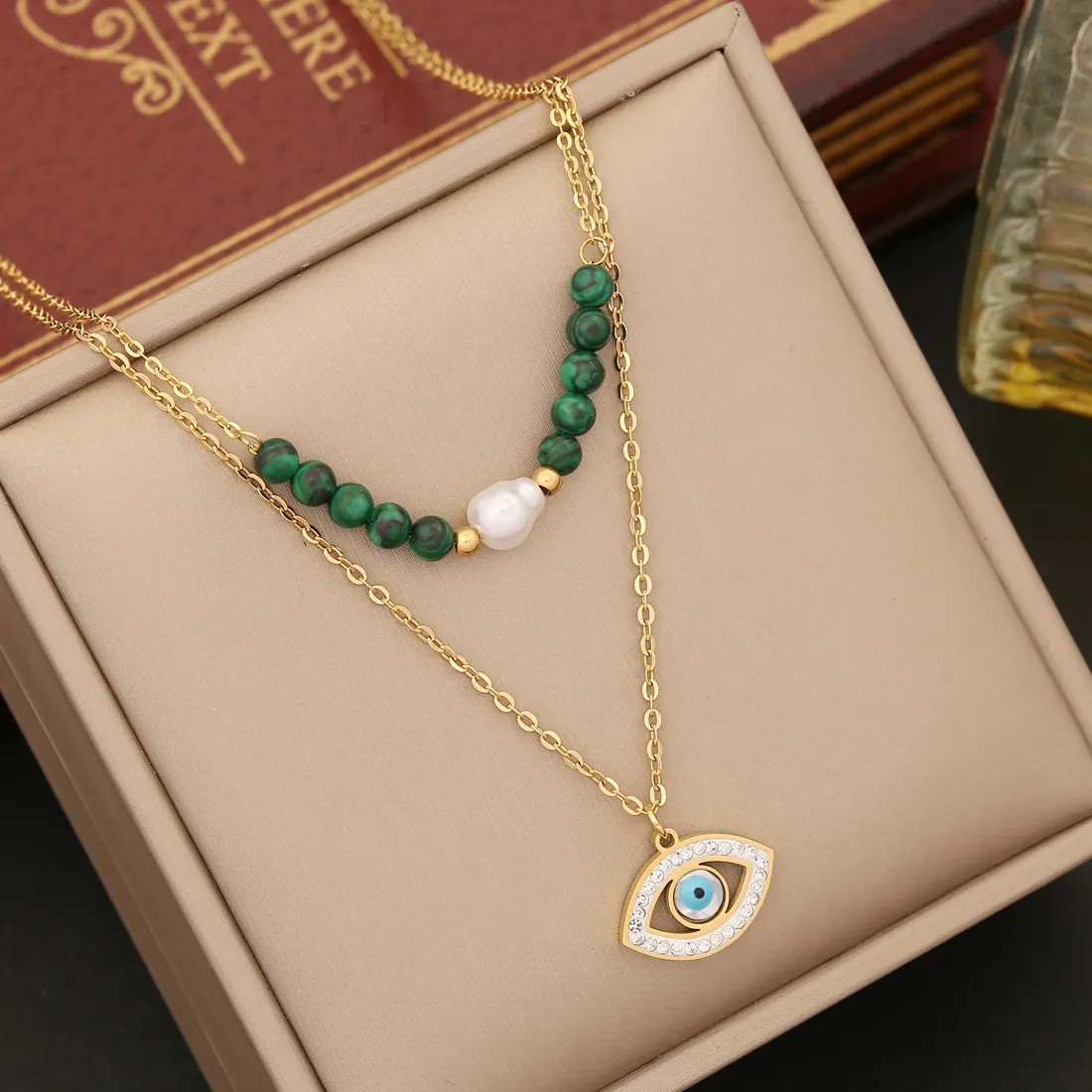 Retro Tree Heart Shape Eye Stainless Steel Malachite Inlay Artificial Diamond Pearl Layered Necklaces_colorza_4