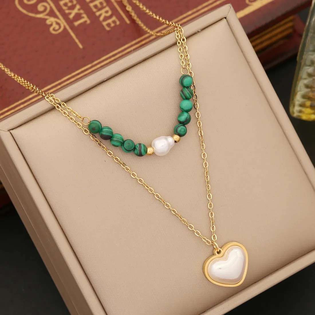 Retro Tree Heart Shape Eye Stainless Steel Malachite Inlay Artificial Diamond Pearl Layered Necklaces_colorza_5