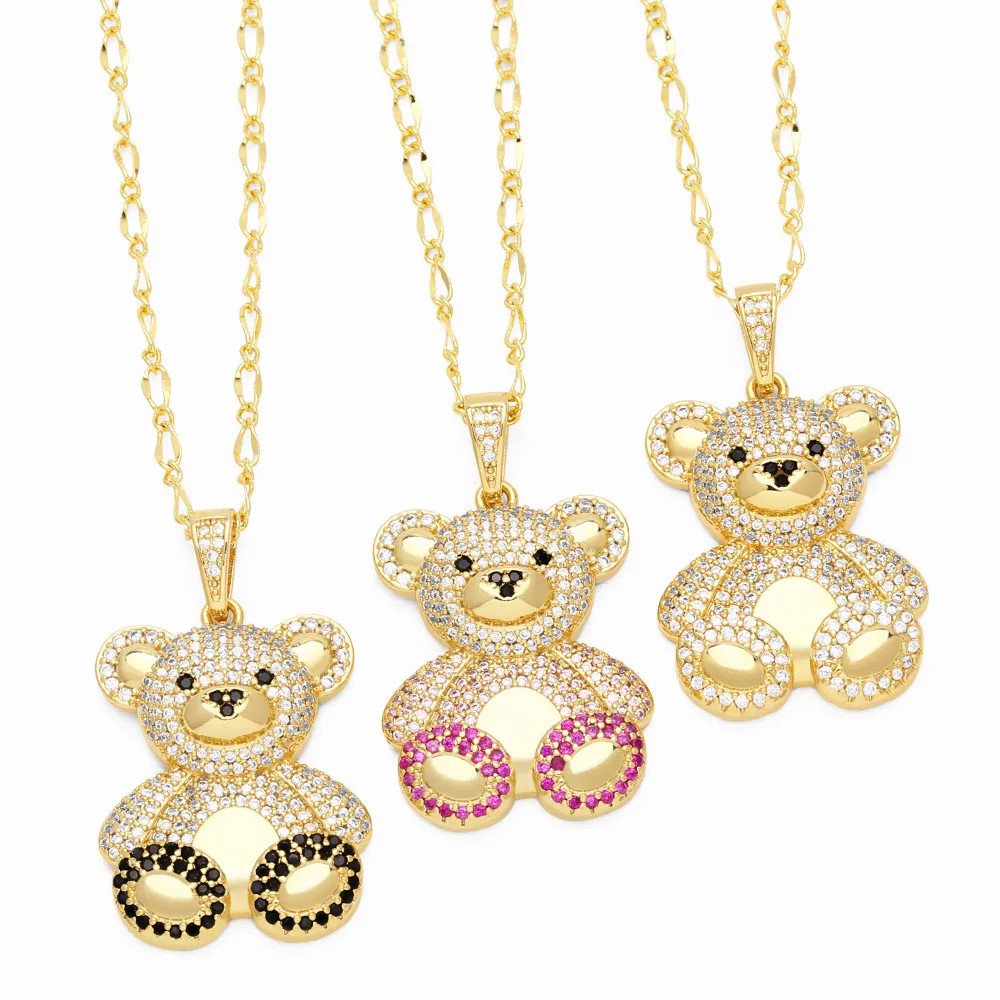 Cute Sweet Little Bear Stainless Steel Copper Plating Inlay Zircon 18K Gold Plated Pendant Necklace_colorza_2