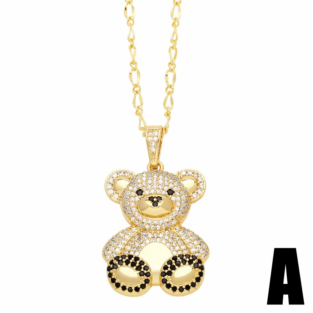 Cute Sweet Little Bear Stainless Steel Copper Plating Inlay Zircon 18K Gold Plated Pendant Necklace_colorza_3