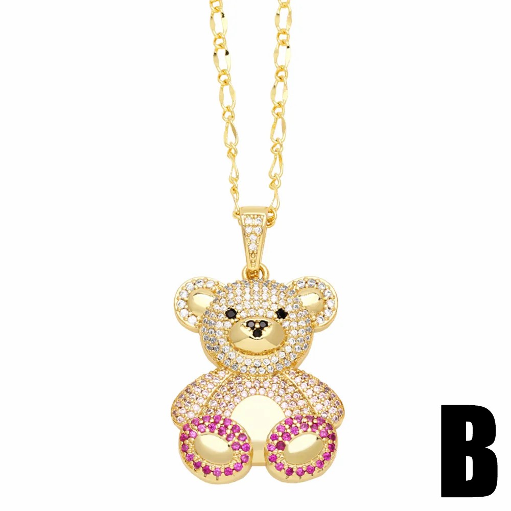 Cute Sweet Little Bear Stainless Steel Copper Plating Inlay Zircon 18K Gold Plated Pendant Necklace_colorza_4