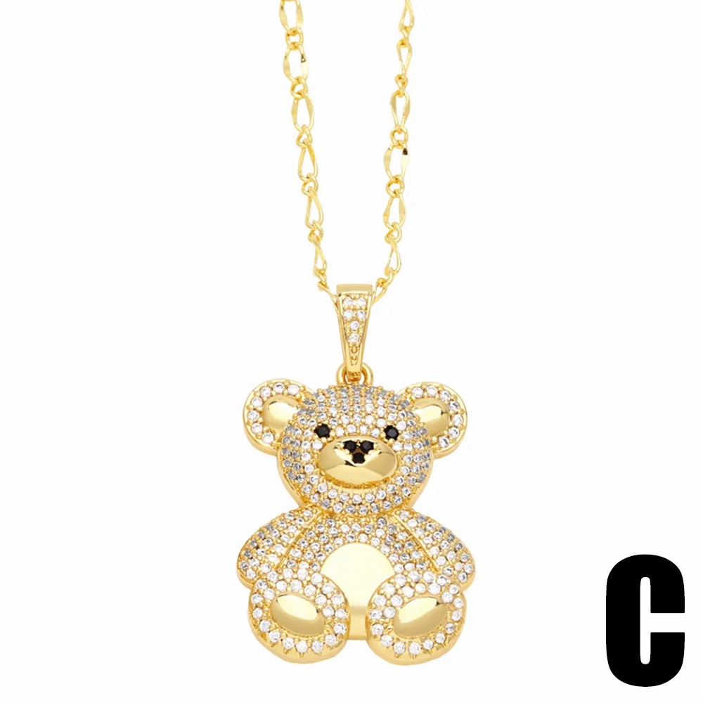 Cute Sweet Little Bear Stainless Steel Copper Plating Inlay Zircon 18K Gold Plated Pendant Necklace_colorza_5