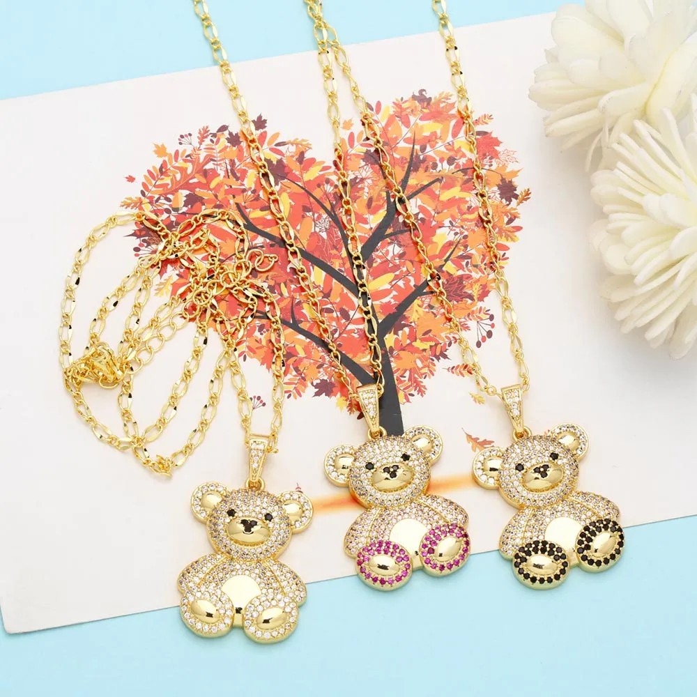 Cute Sweet Little Bear Stainless Steel Copper Plating Inlay Zircon 18K Gold Plated Pendant Necklace_colorza_10