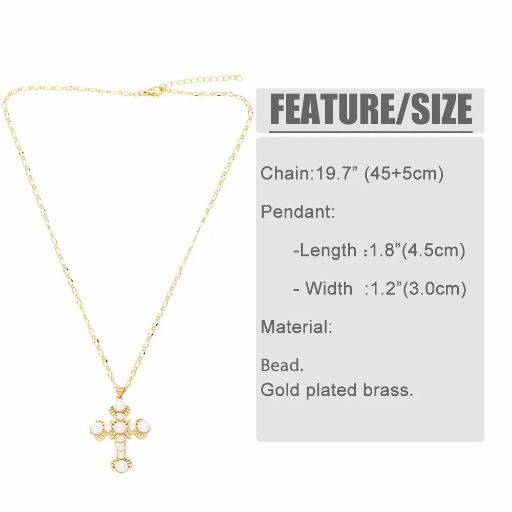 Elegant Cross Stainless Steel Copper Plating Inlay Pearl 18K Gold Plated Pendant Necklace_colorza_1