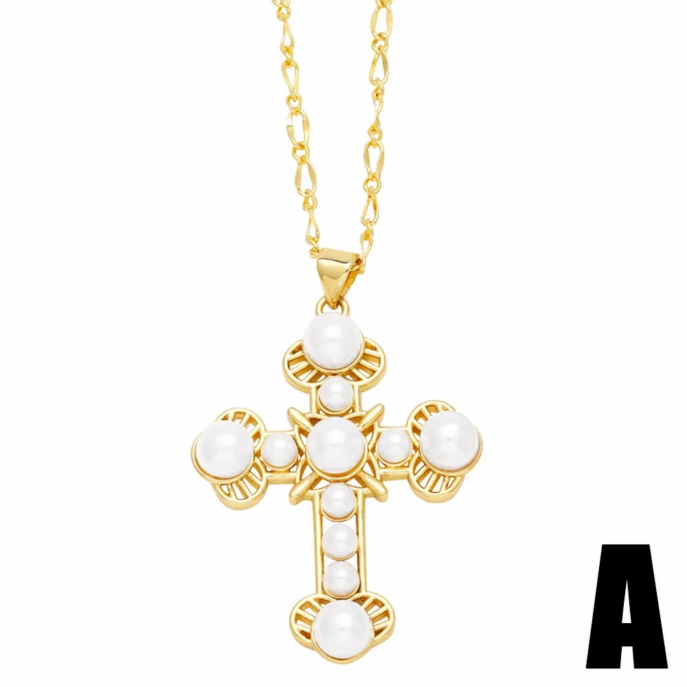 Elegant Cross Stainless Steel Copper Plating Inlay Pearl 18K Gold Plated Pendant Necklace_colorza_3