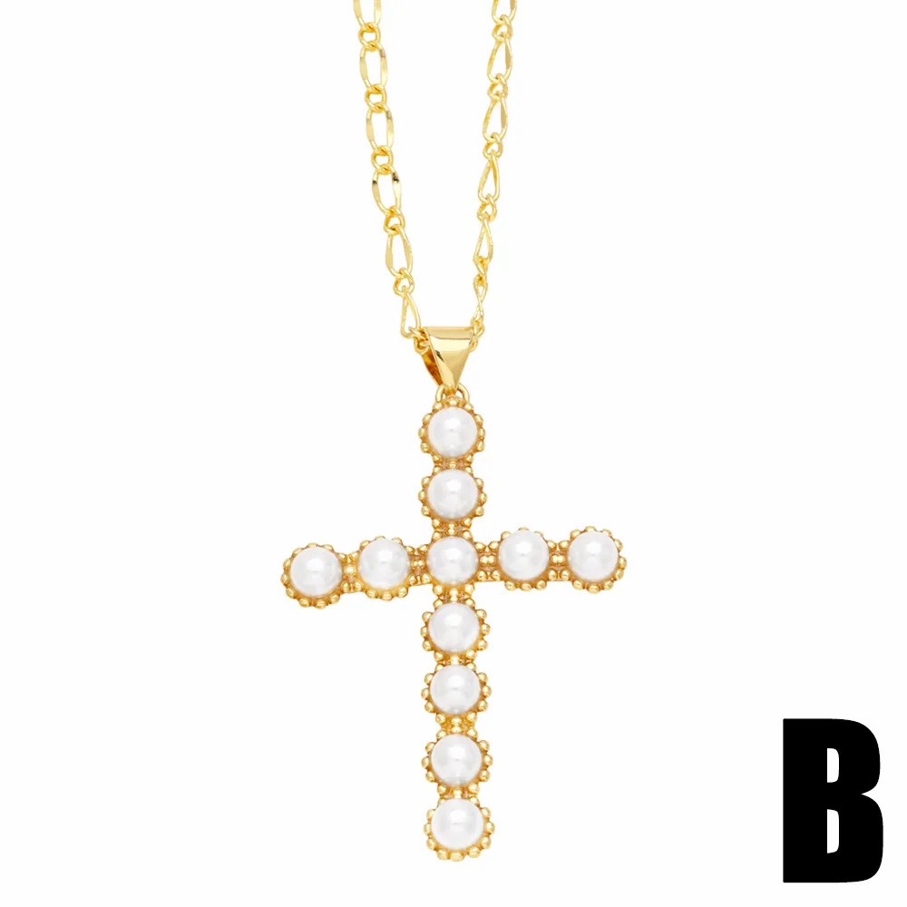 Elegant Cross Stainless Steel Copper Plating Inlay Pearl 18K Gold Plated Pendant Necklace_colorza_4