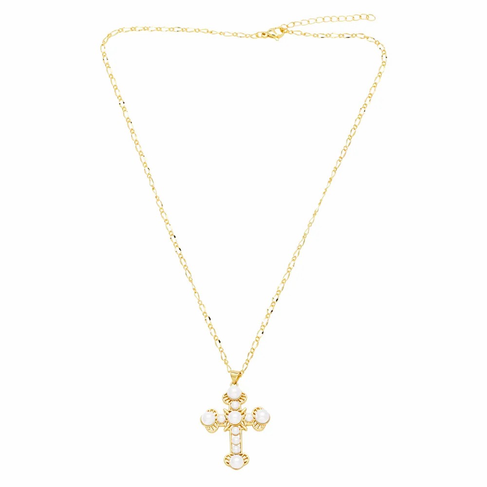 Elegant Cross Stainless Steel Copper Plating Inlay Pearl 18K Gold Plated Pendant Necklace_colorza_5