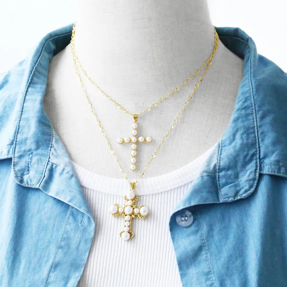 Elegant Cross Stainless Steel Copper Plating Inlay Pearl 18K Gold Plated Pendant Necklace_colorza_6
