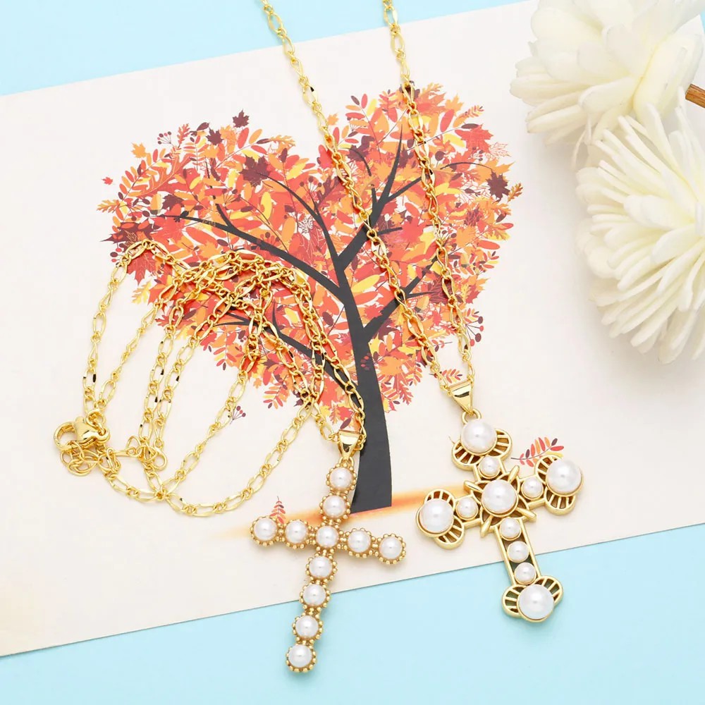 Elegant Cross Stainless Steel Copper Plating Inlay Pearl 18K Gold Plated Pendant Necklace_colorza_7