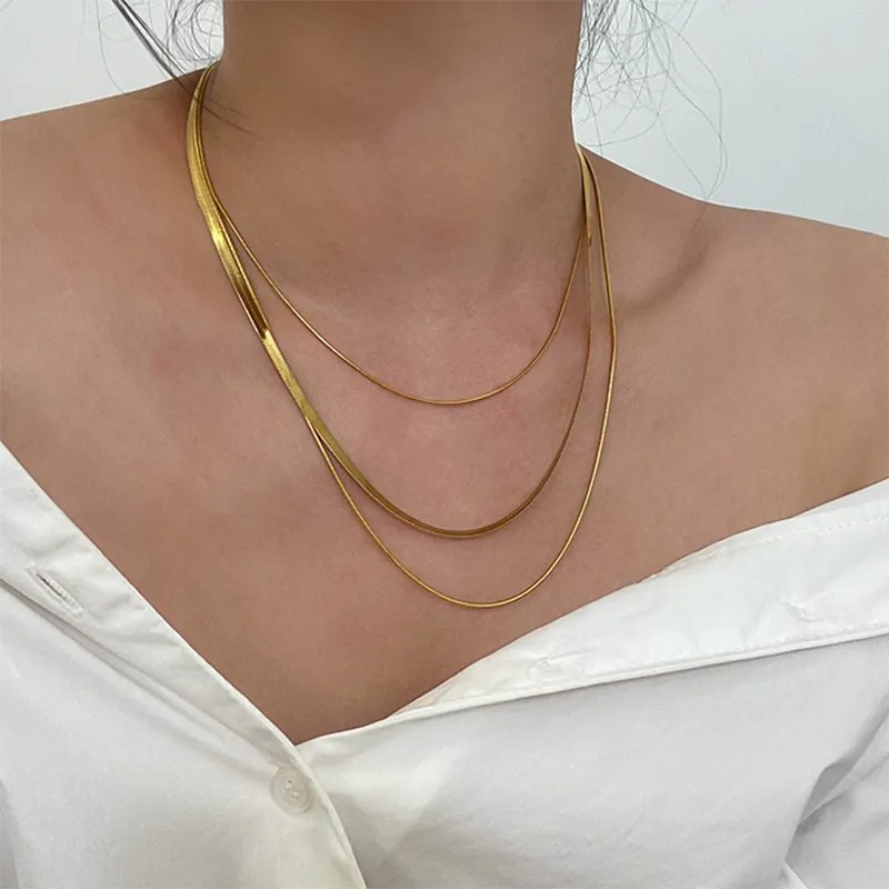 Hip-Hop Punk Solid Color Titanium Steel Plating 18K Gold Plated Layered Necklaces_colorza_2