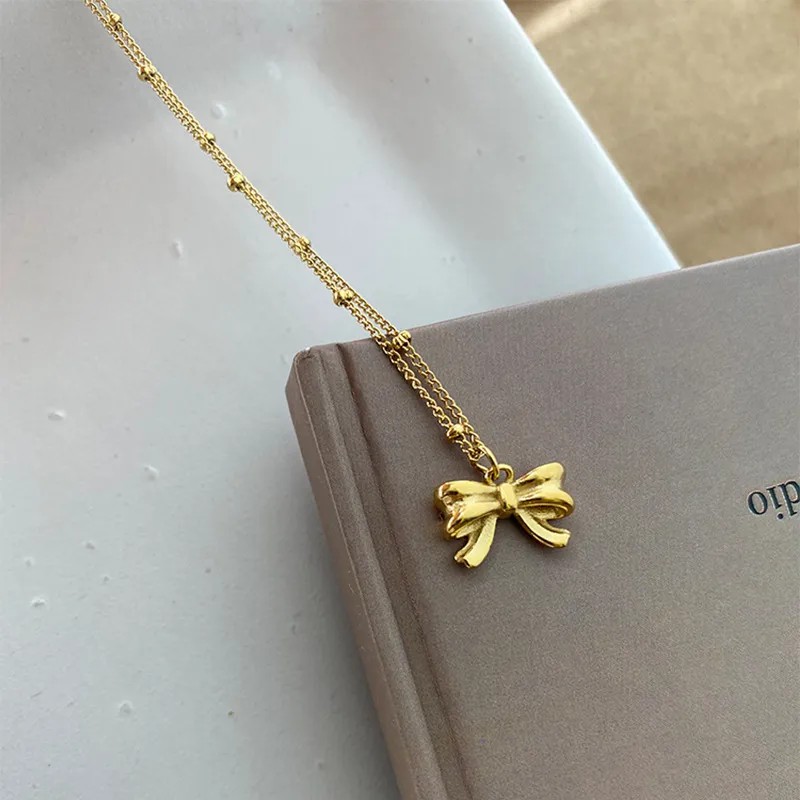 IG Style Bow Knot Titanium Steel Plating 18K Gold Plated Necklace_colorza_1