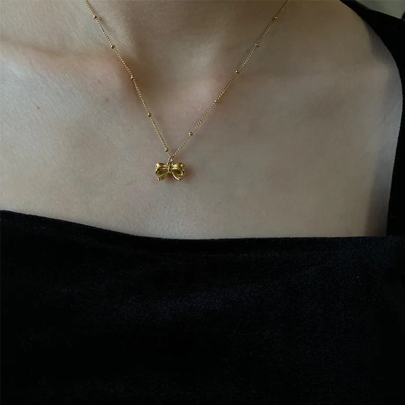IG Style Bow Knot Titanium Steel Plating 18K Gold Plated Necklace_colorza_3