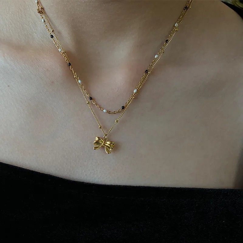 IG Style Bow Knot Titanium Steel Plating 18K Gold Plated Necklace_colorza_4