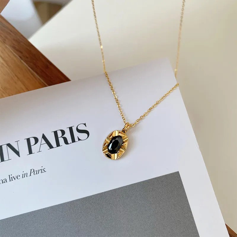 IG Style Square Titanium Steel Plating Inlay Artificial Gemstones 18K Gold Plated Pendant Necklace_colorza_1