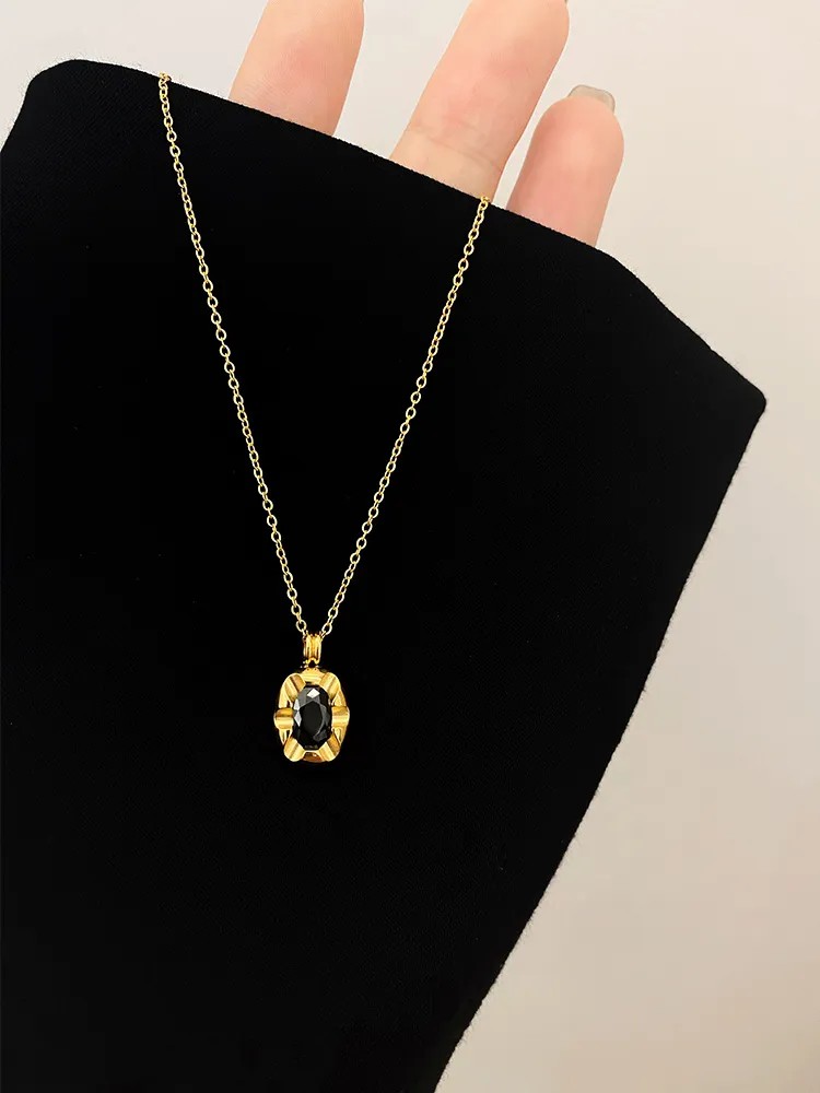 IG Style Square Titanium Steel Plating Inlay Artificial Gemstones 18K Gold Plated Pendant Necklace_colorza_3