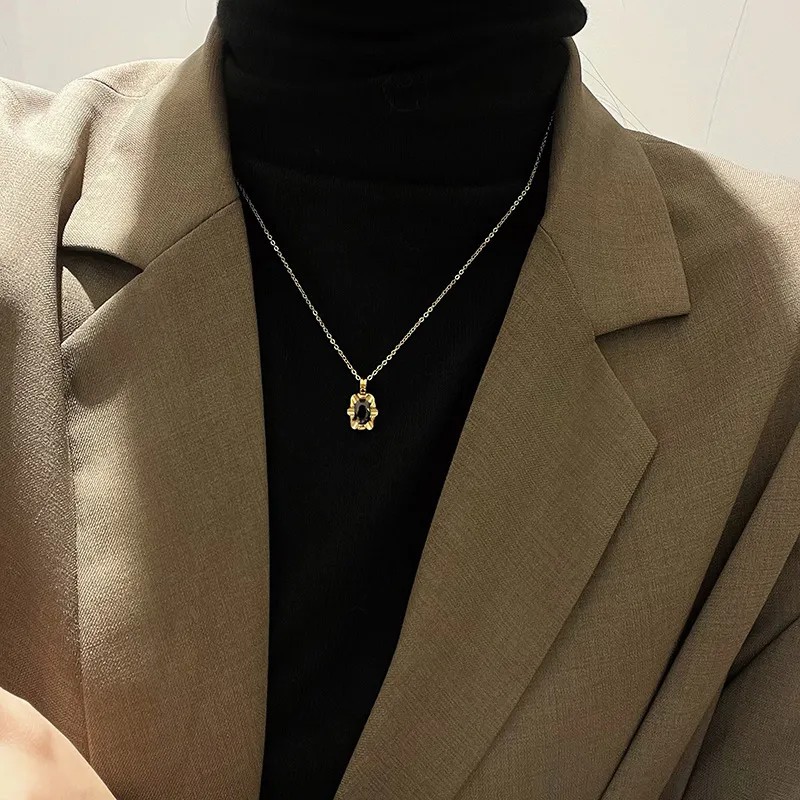 IG Style Square Titanium Steel Plating Inlay Artificial Gemstones 18K Gold Plated Pendant Necklace_colorza_5