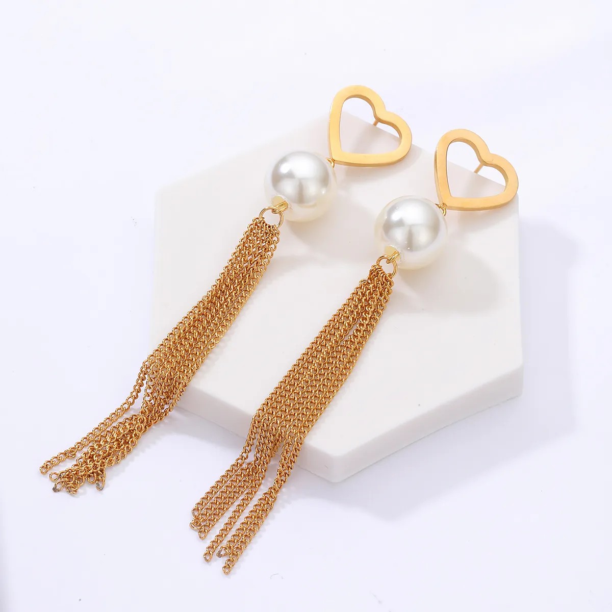 Fashion Stainless Steel Electroplating 18K Gold Heart Pearl Tassel Long Earrings_colorza_2
