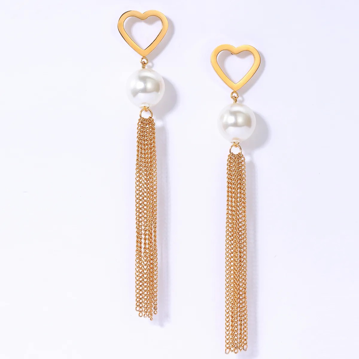 Fashion Stainless Steel Electroplating 18K Gold Heart Pearl Tassel Long Earrings_colorza_3