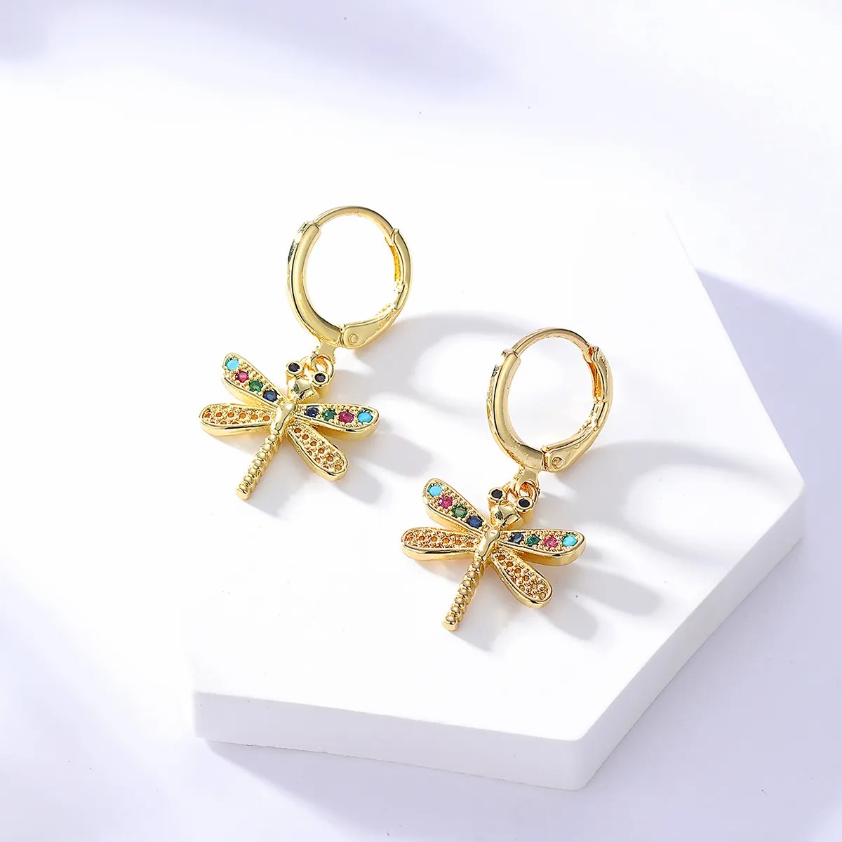 Fashion Geometric Copper Plated 18K Gold Colored Zircon Dragonfly Earrings_colorza_2