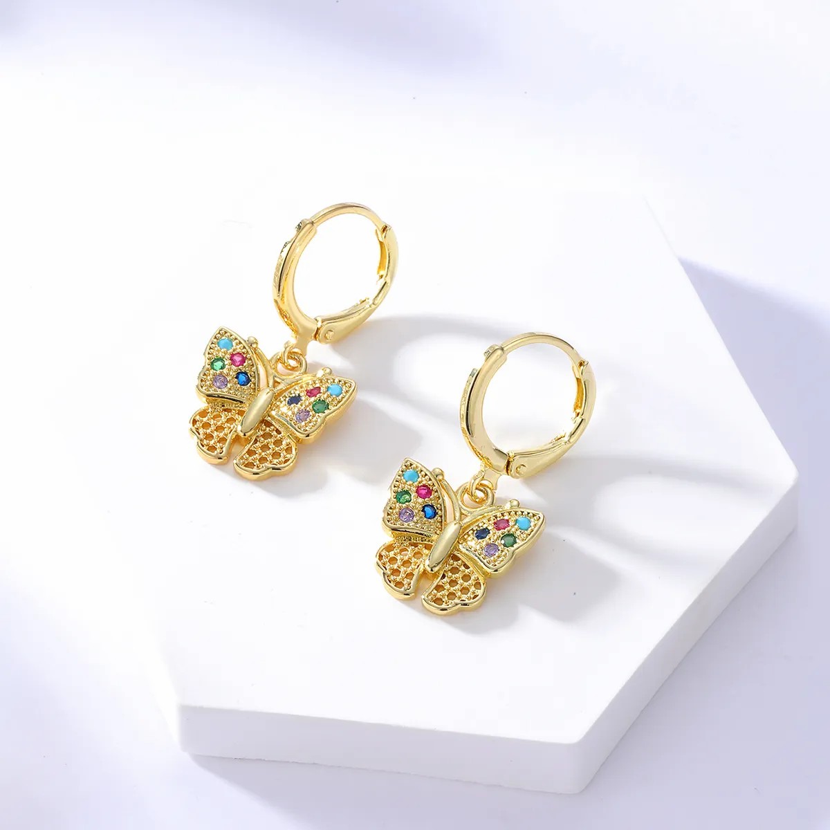 Fashion Copper 18K Gold Plated Colorful Zircon Butterfly Buckle Earrings_colorza_2