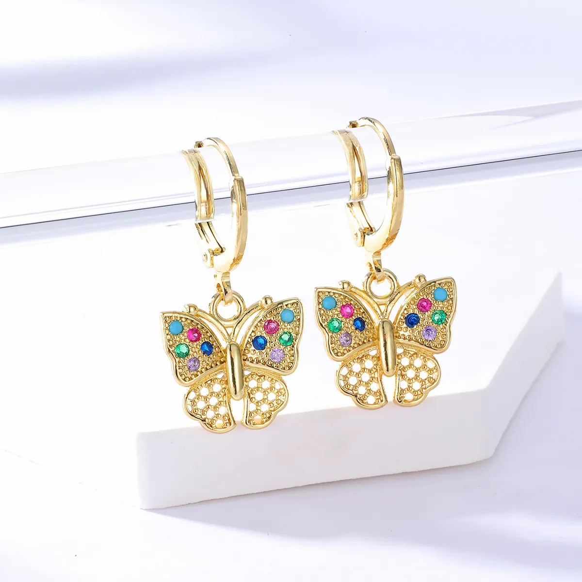 Fashion Copper 18K Gold Plated Colorful Zircon Butterfly Buckle Earrings_colorza_3