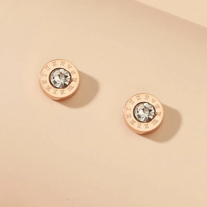 Fashion Jewelry Stainless Steel Roman Numeral Zircon Stud Earrings_colorza_1