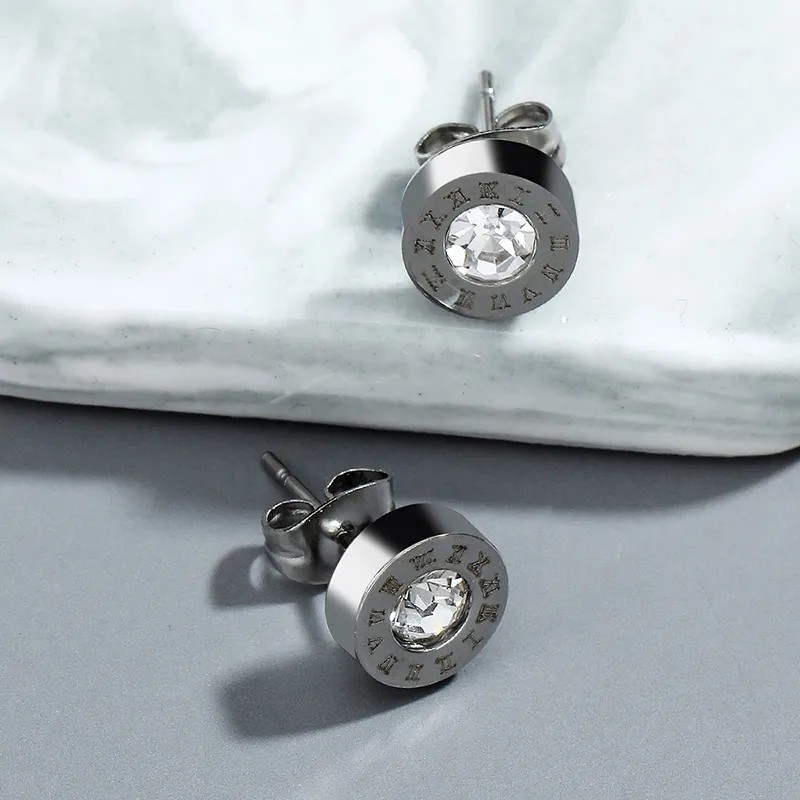 Fashion Jewelry Stainless Steel Roman Numeral Zircon Stud Earrings_colorza_2