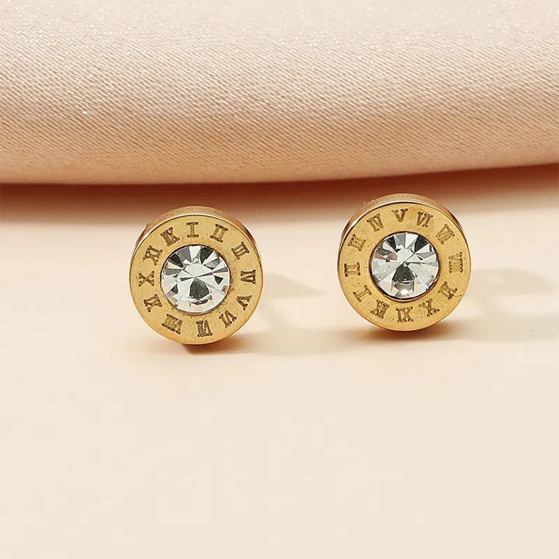 Fashion Jewelry Stainless Steel Roman Numeral Zircon Stud Earrings_colorza_3