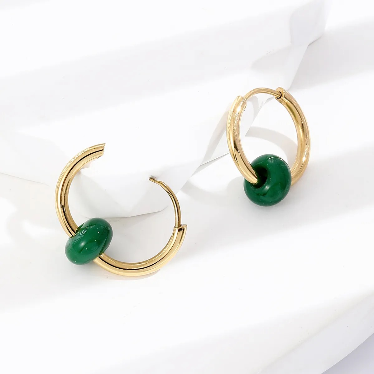Titanium Steel Fashion Gold Earrings Green Round Earrings_colorza_2