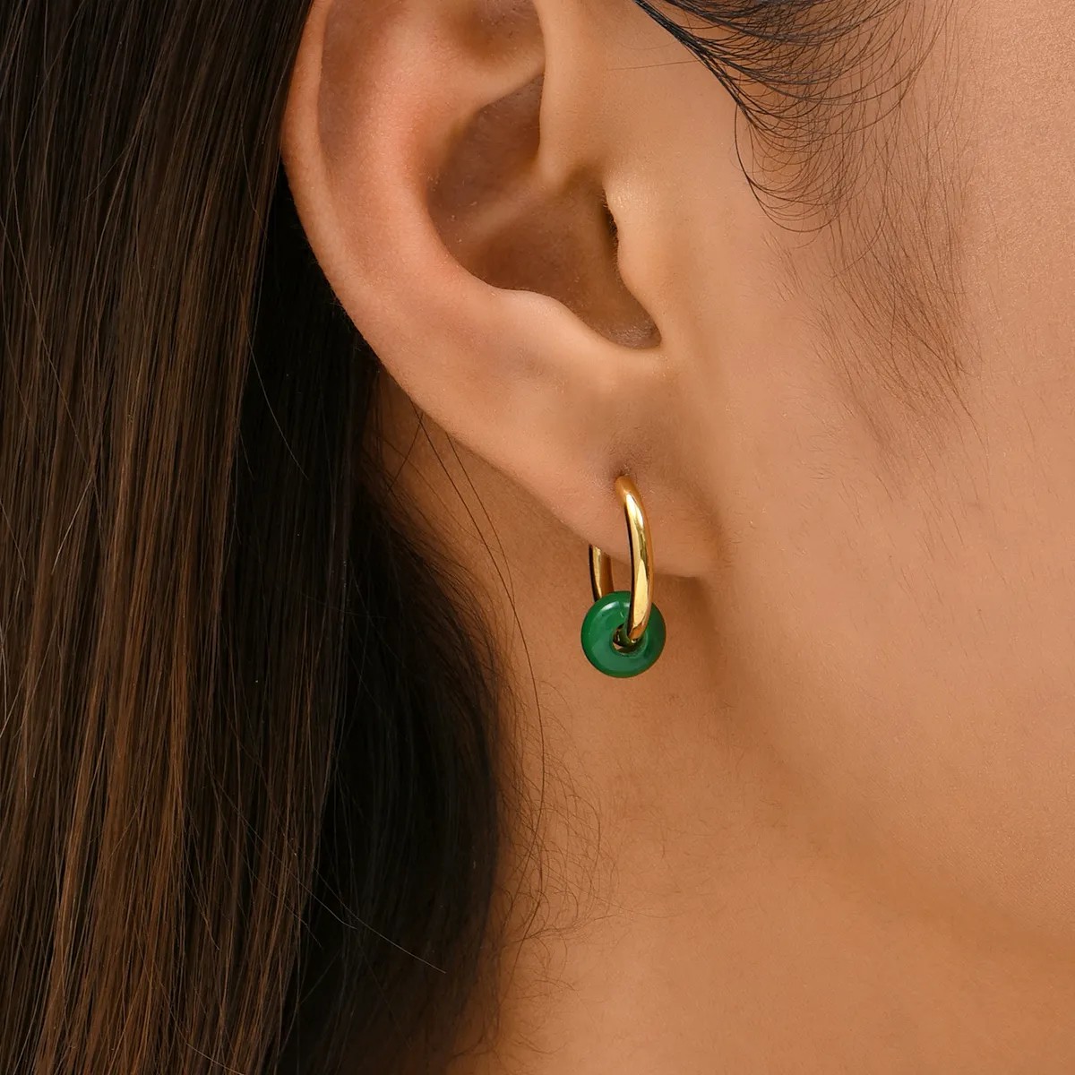 Titanium Steel Fashion Gold Earrings Green Round Earrings_colorza_3