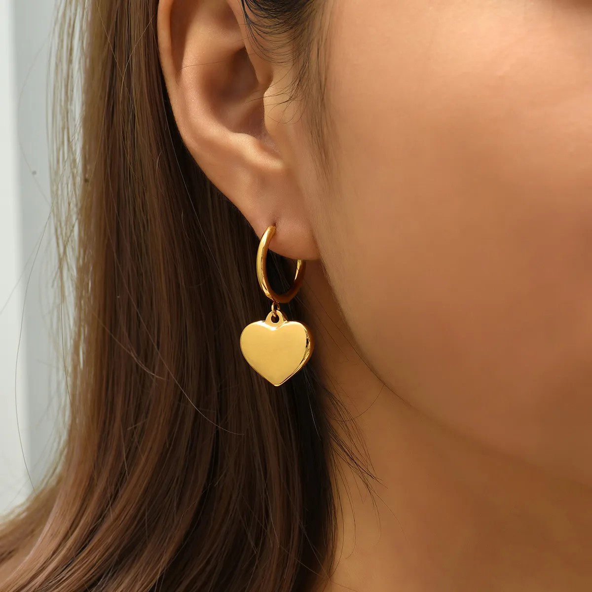 Simple New Electroplating 18K Heart Golden Pendant Earrings_colorza_3