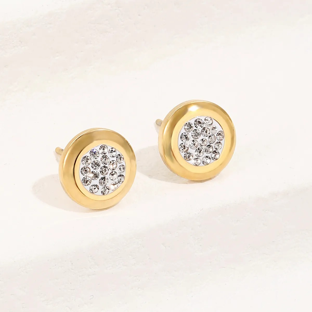 Titanium Steel Plated 14K Gold Simple Round Sticky Drill Stud Earrings_colorza_1