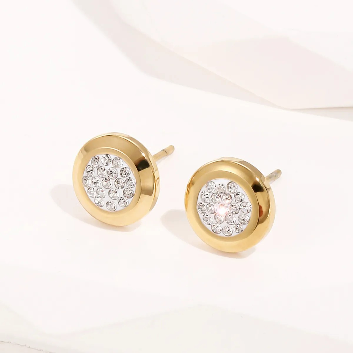 Titanium Steel Plated 14K Gold Simple Round Sticky Drill Stud Earrings_colorza_2