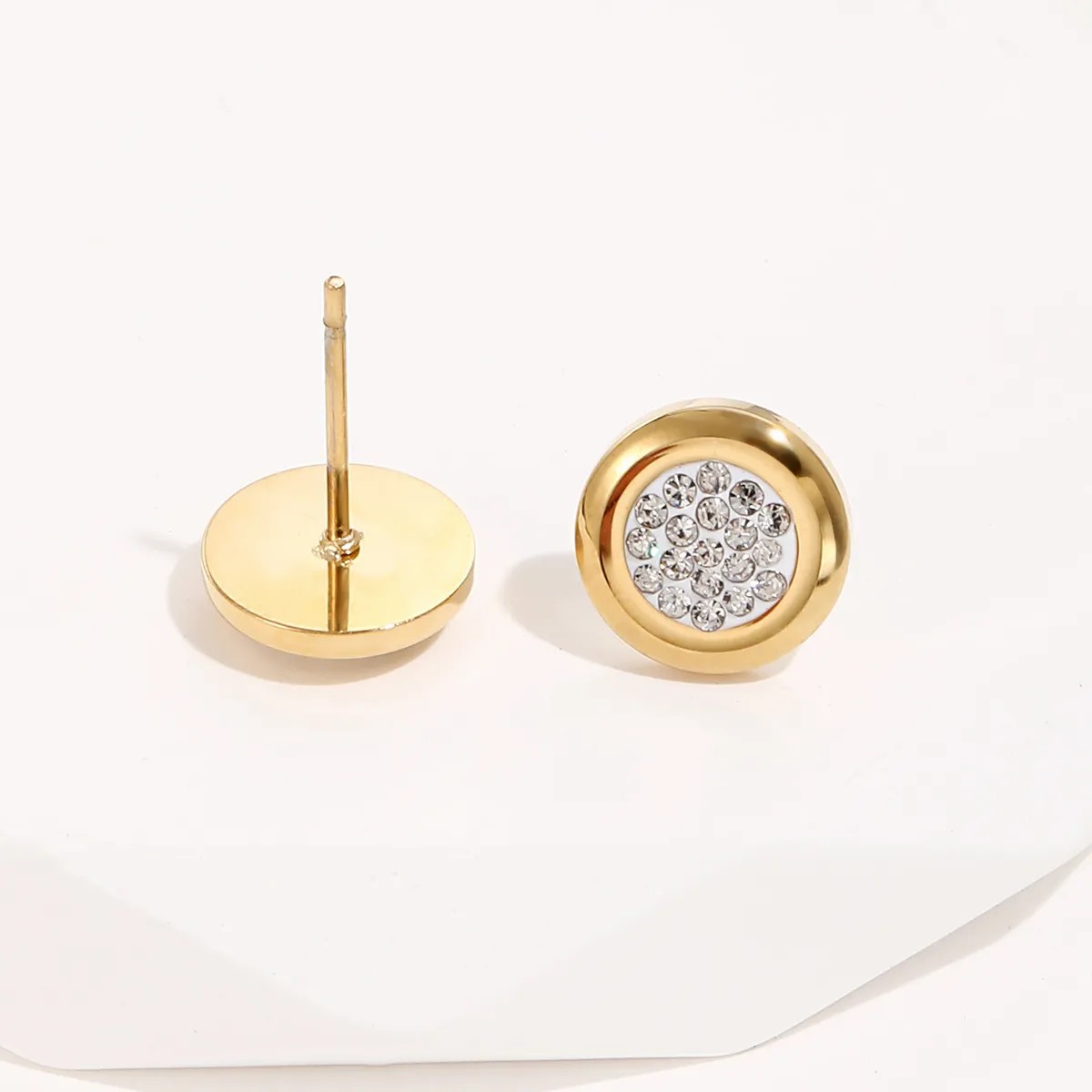 Titanium Steel Plated 14K Gold Simple Round Sticky Drill Stud Earrings_colorza_3
