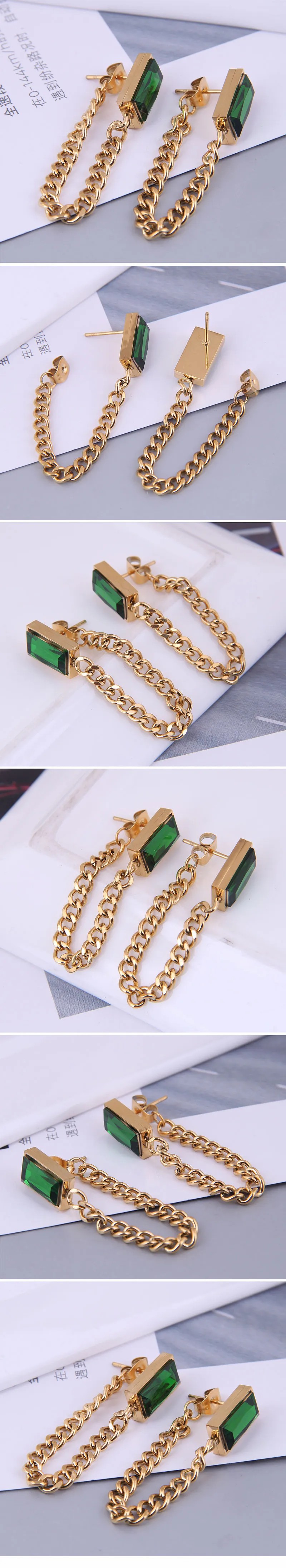 Korean Fashion Green Gem Personality Titanium Steel Earrings Wholesale_colorza_1