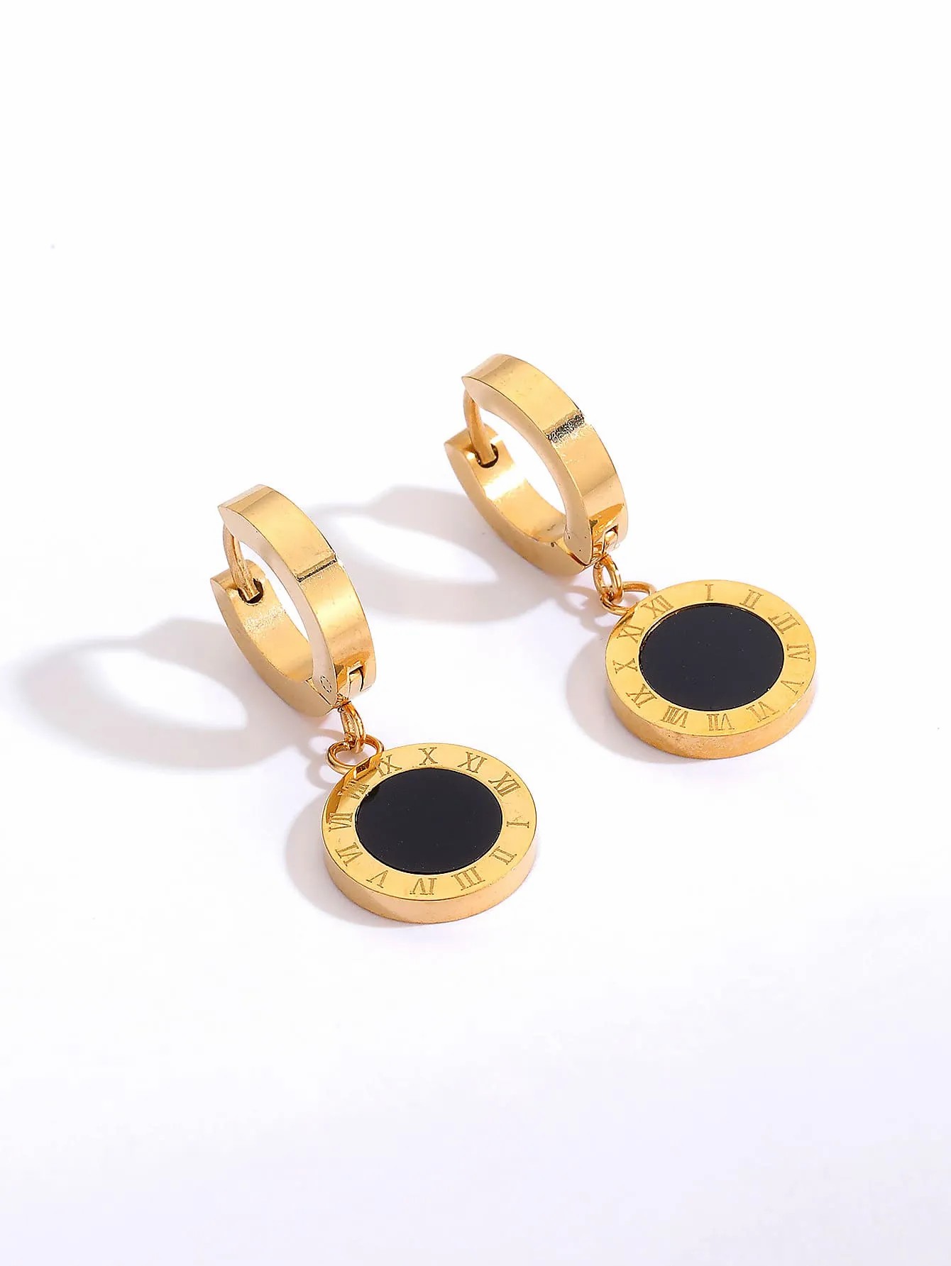 Simple Stainless Steel Electroplating 18K Gold Roman Numeral Black Pendant Earrings_colorza_1